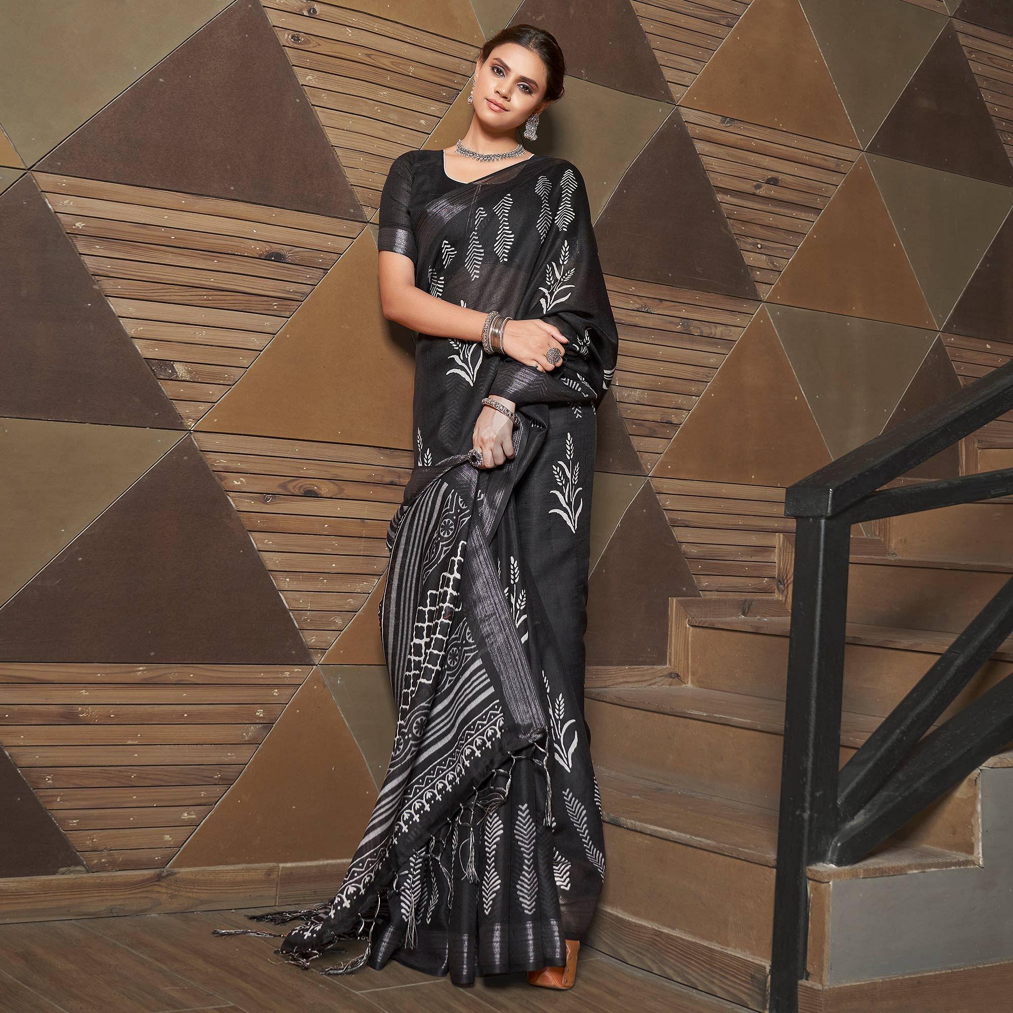 Black Casual Wear Printed Linen Saree - Peachmode