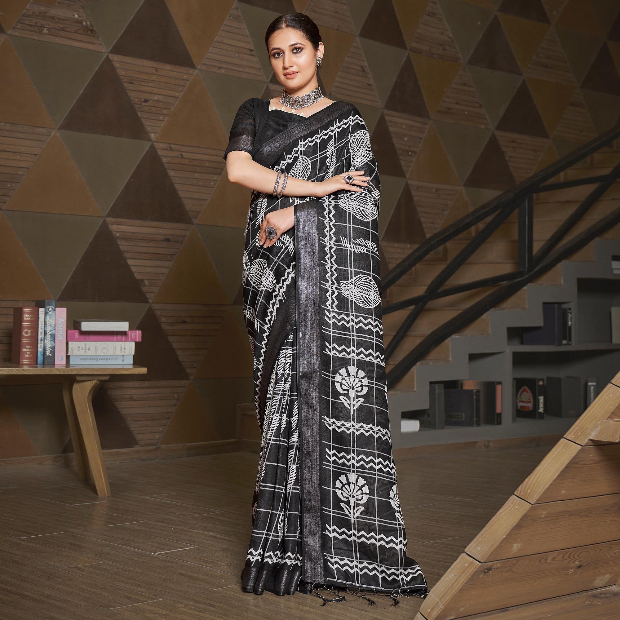 Black Casual Wear Printed Linen Saree - Peachmode