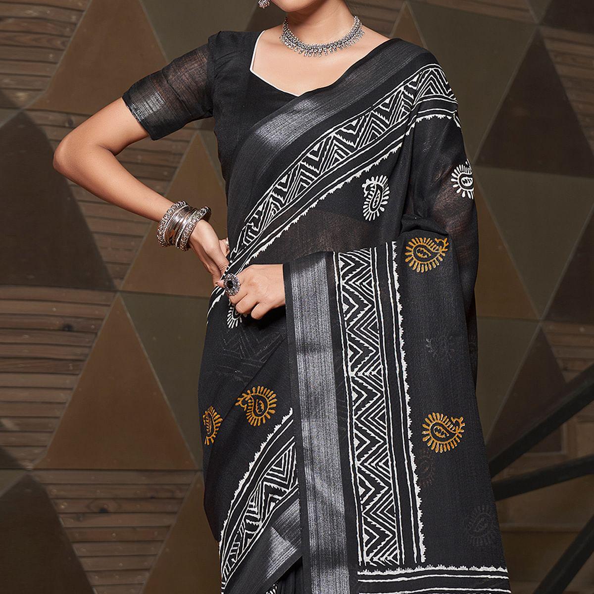 Black Casual Wear Printed Linen Saree - Peachmode