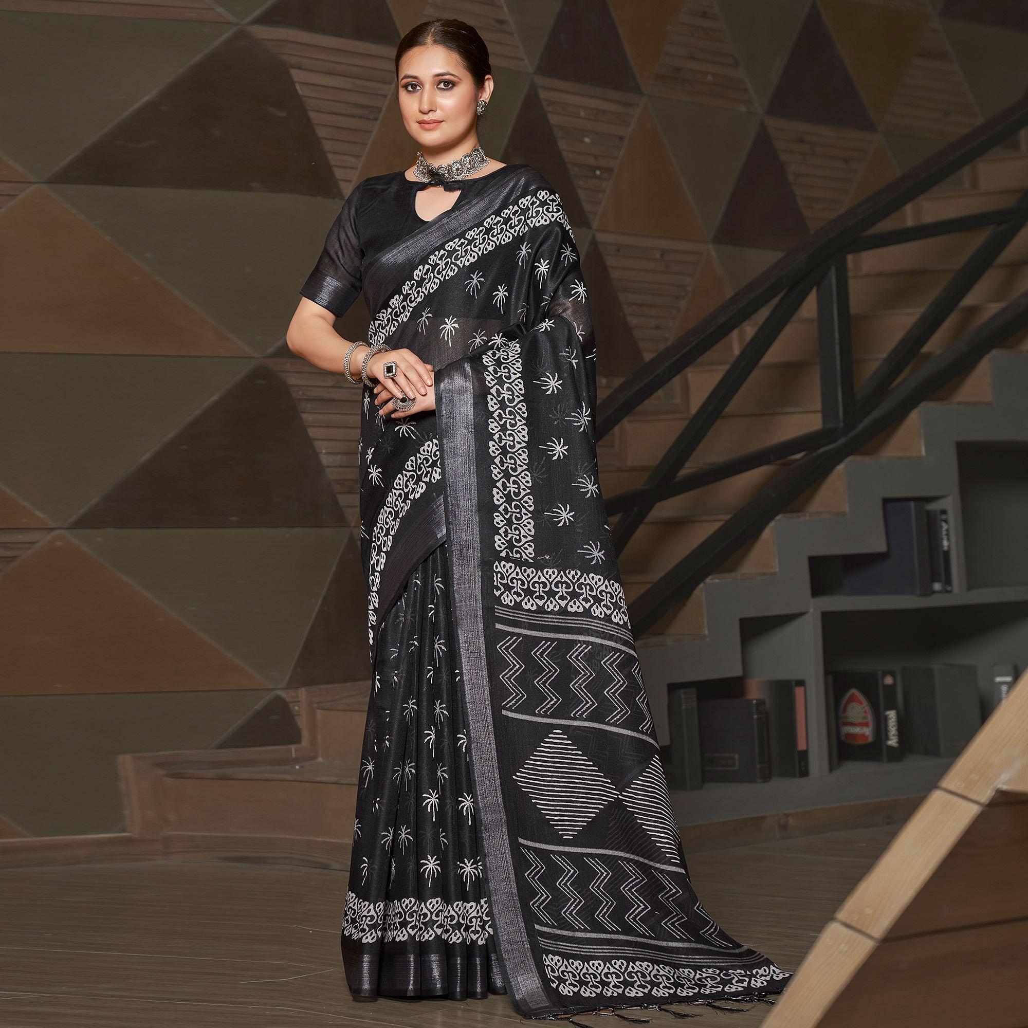 Black Casual Wear Printed Linen Saree - Peachmode