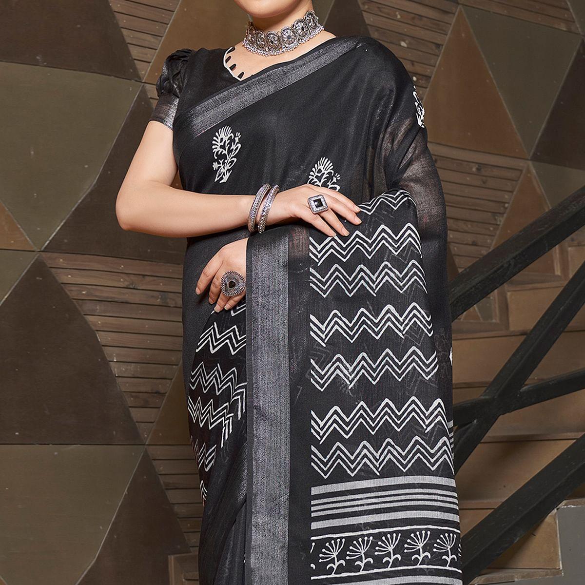 Black Casual Wear Printed Linen Saree - Peachmode