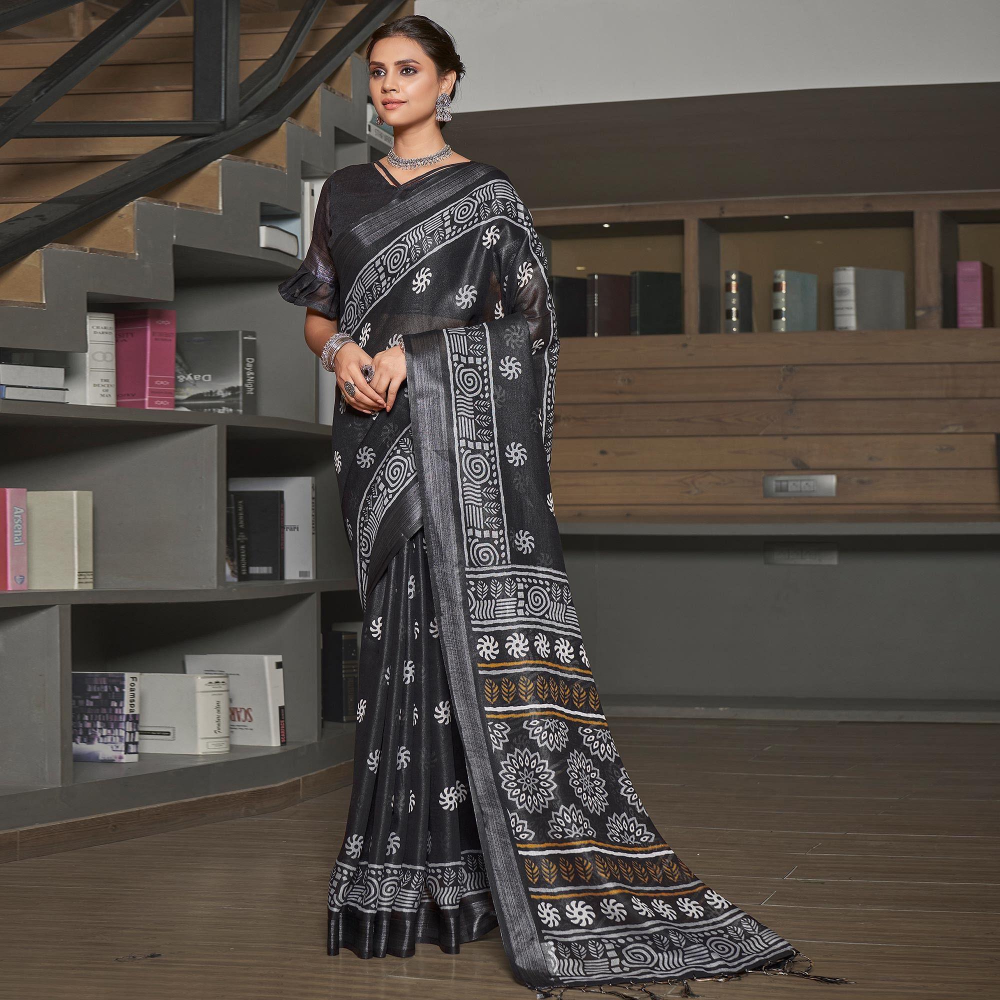 Black Casual Wear Printed Linen Saree - Peachmode