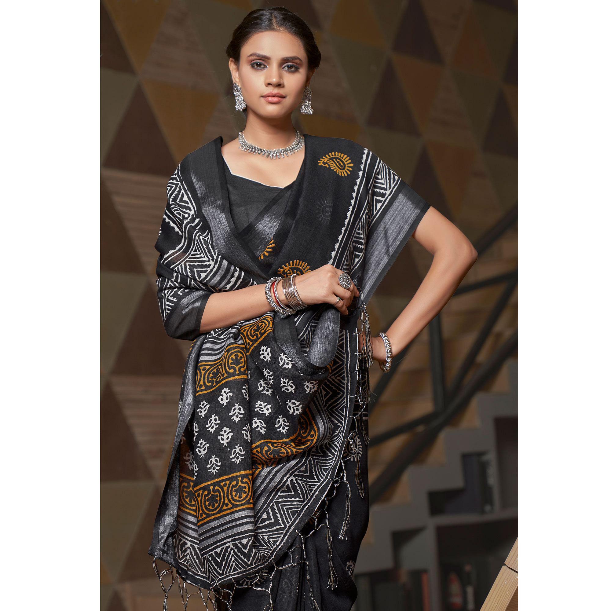 Black Casual Wear Printed Linen Saree - Peachmode