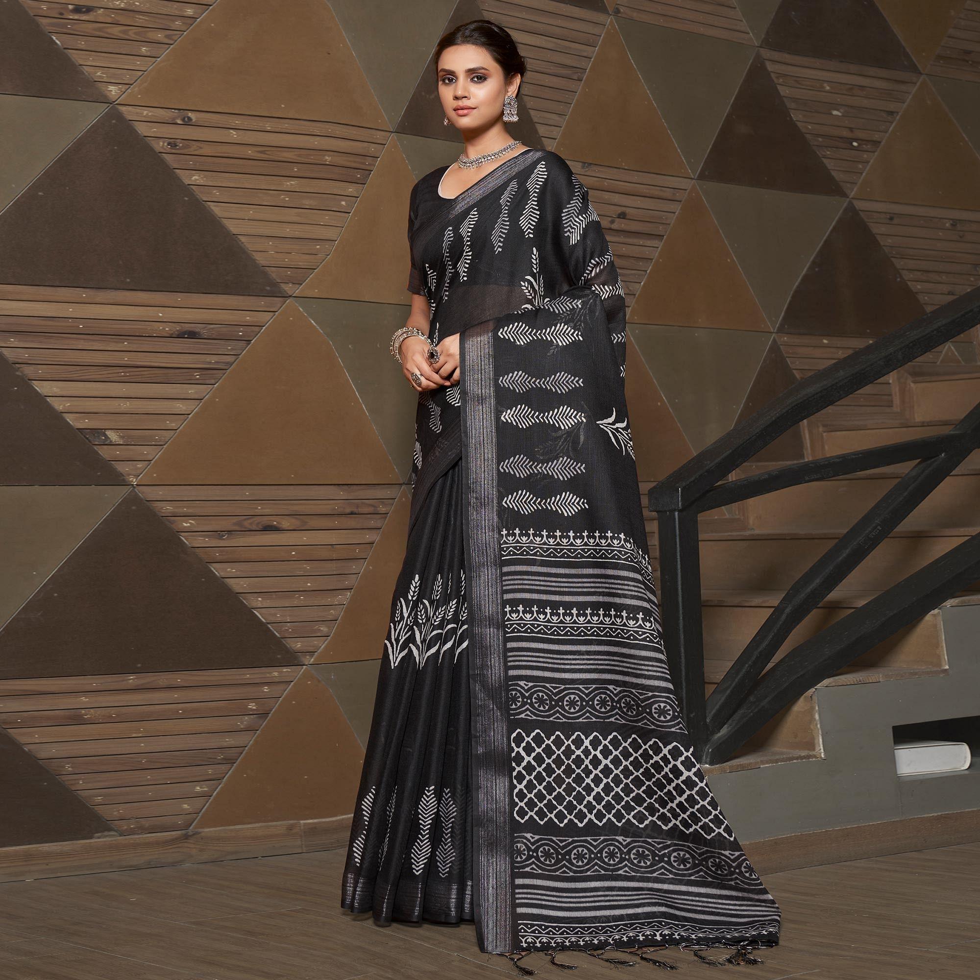 Black Casual Wear Printed Linen Saree - Peachmode