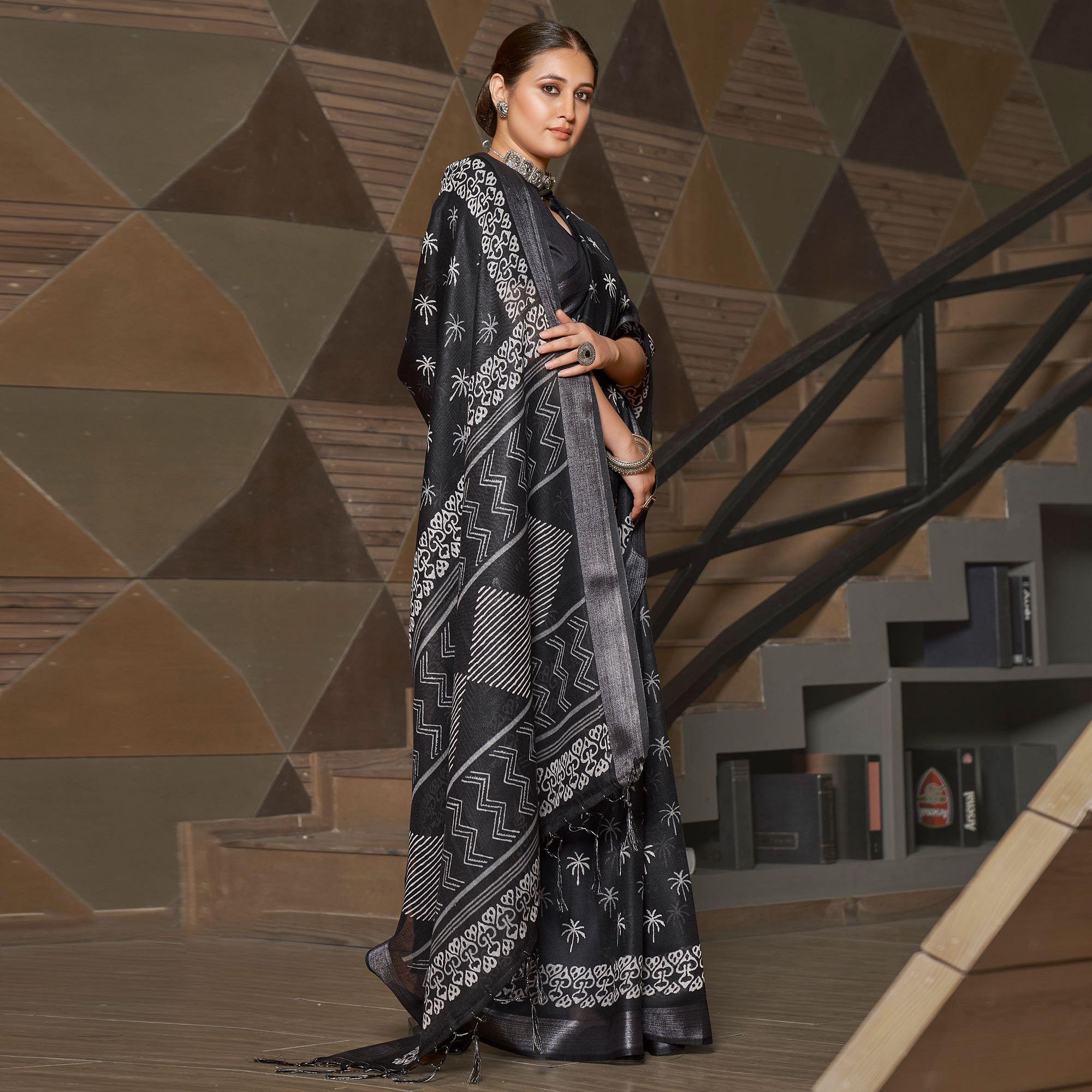 Black Casual Wear Printed Linen Saree - Peachmode