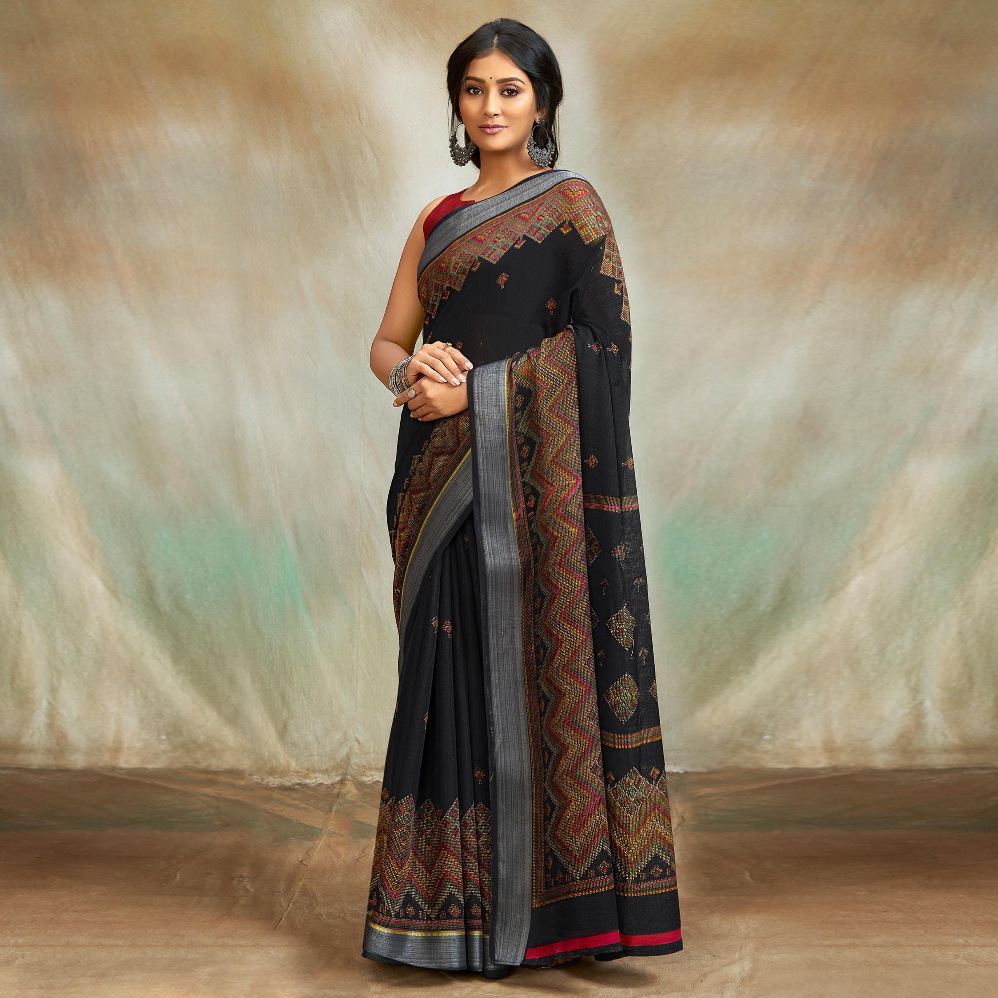 Black Casual Wear Printed Pure Linen Saree - Peachmode