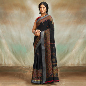Black Casual Wear Printed Pure Linen Saree - Peachmode