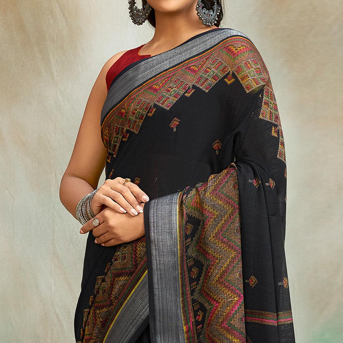 Black Casual Wear Printed Pure Linen Saree - Peachmode