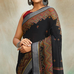 Black Casual Wear Printed Pure Linen Saree - Peachmode