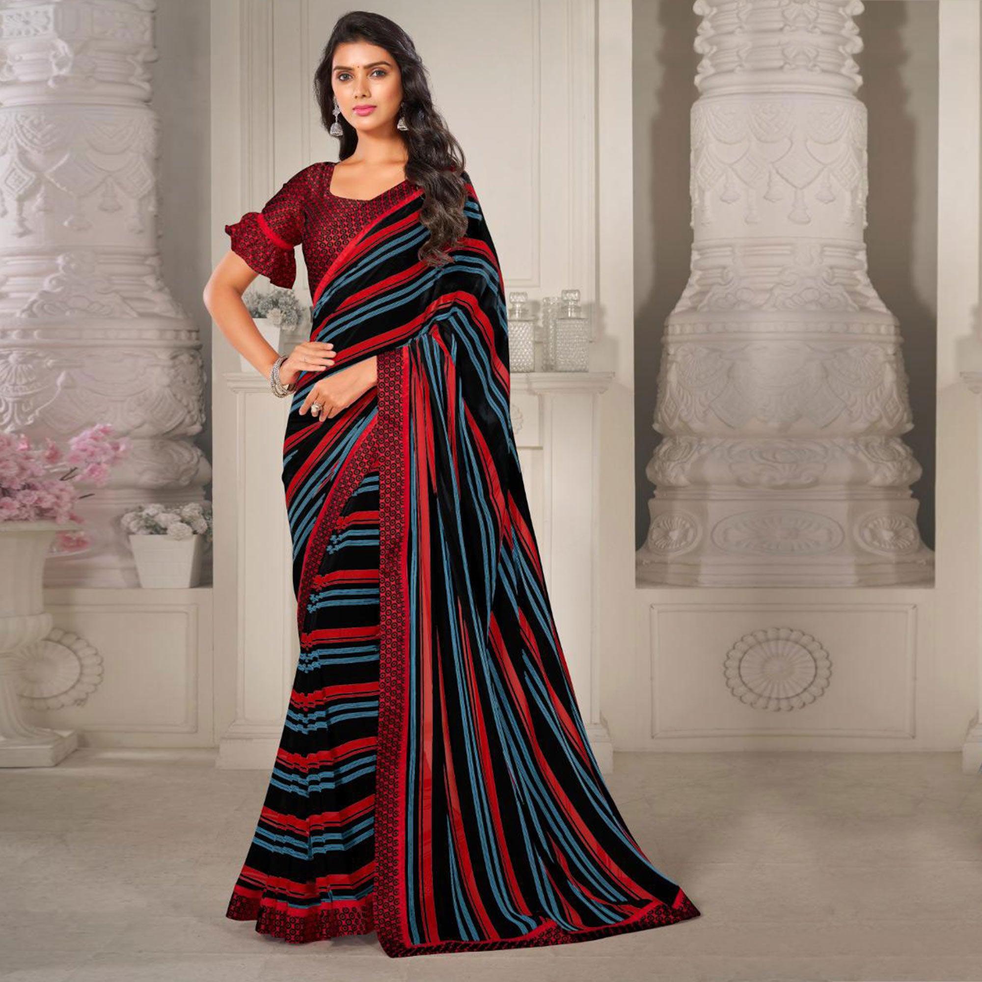 Black Casual Wear Printed Satin Saree - Peachmode