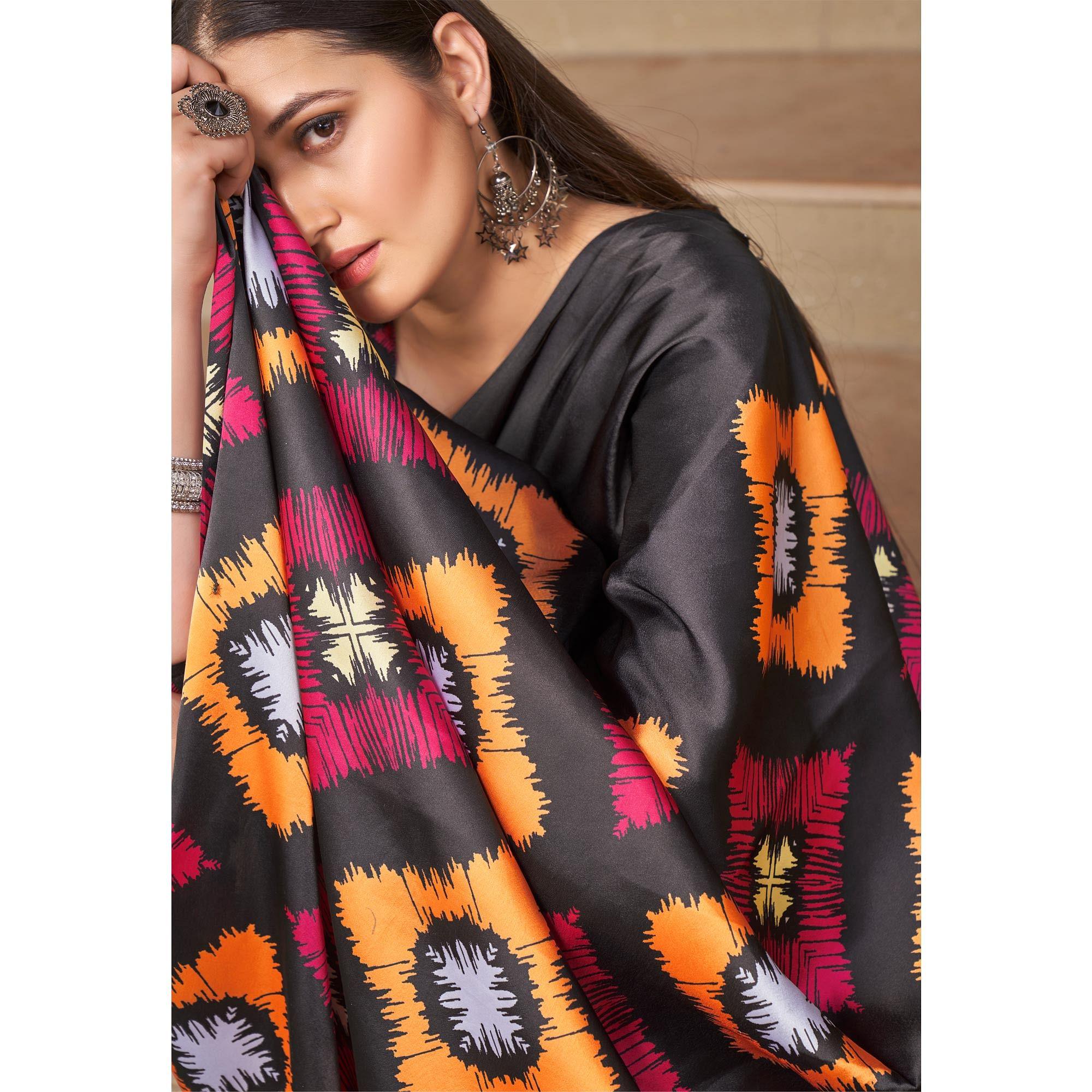 Black Casual Wear Printed Satin Silk Saree - Peachmode