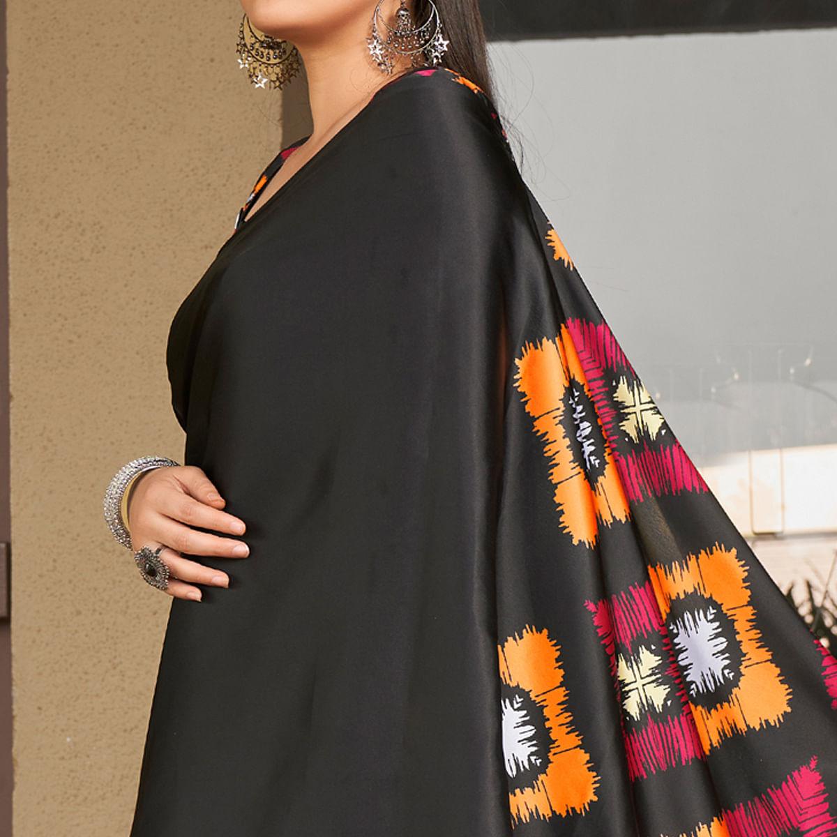 Black Casual Wear Printed Satin Silk Saree - Peachmode