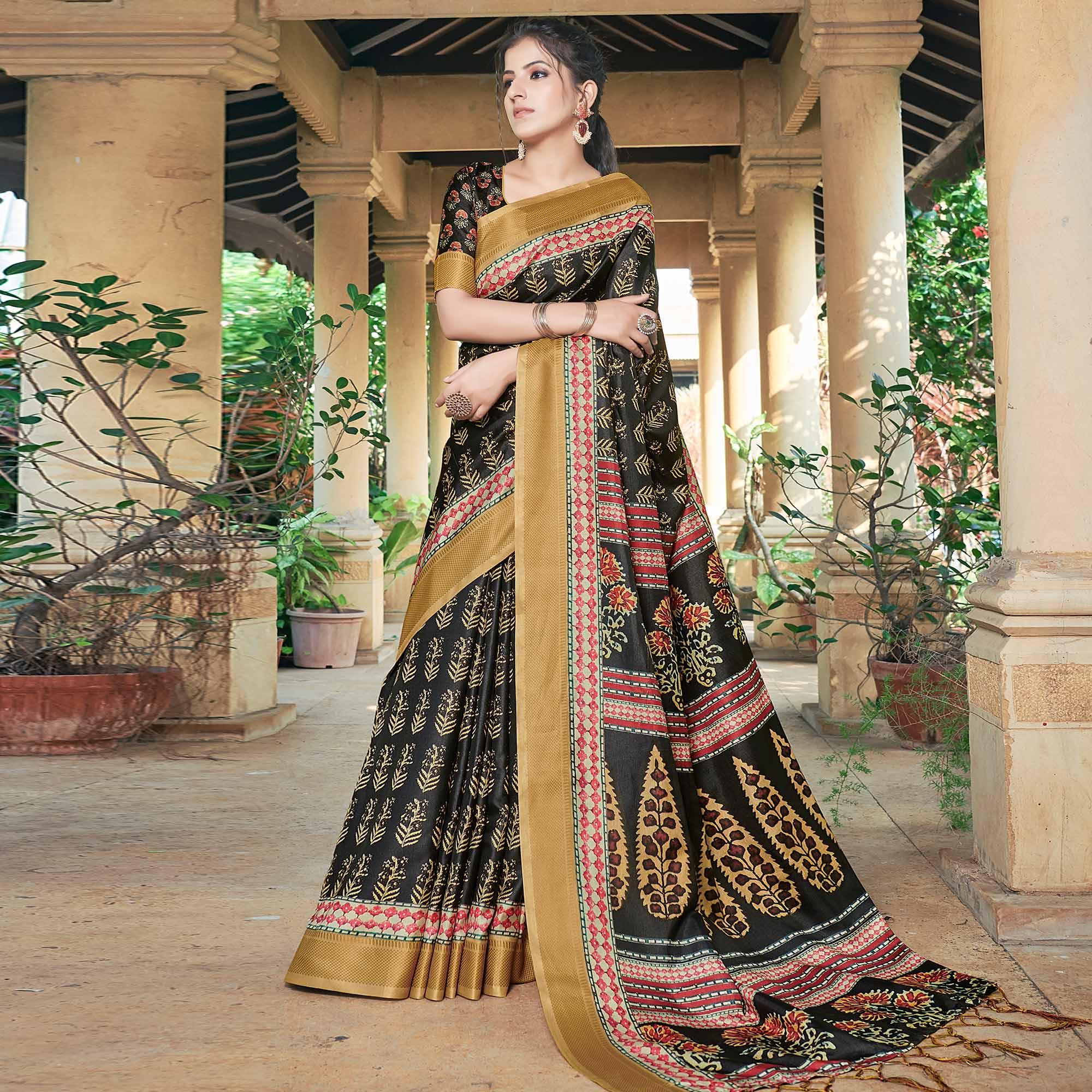 Black Casual Wear Printed Silk Saree - Peachmode