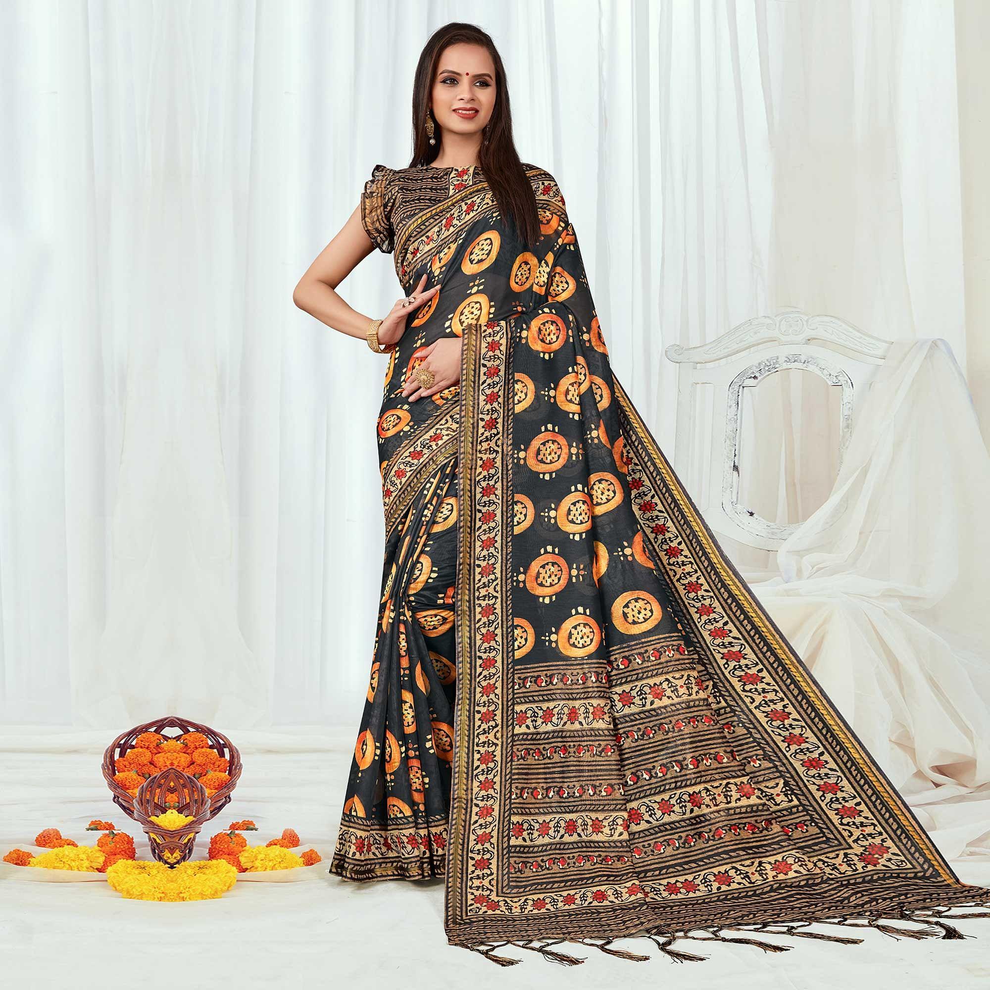 Black Casual Wear Printed Silk Saree - Peachmode