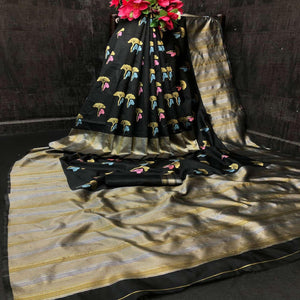 Black Casual Wear Printed Silk Saree - Peachmode