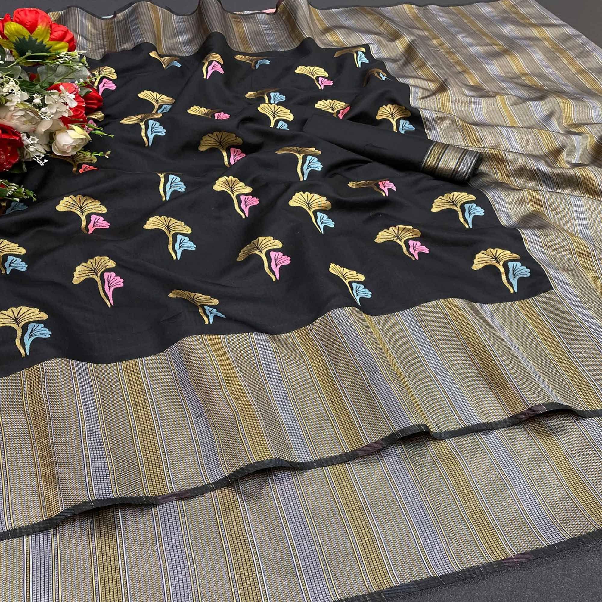 Black Casual Wear Printed Silk Saree - Peachmode