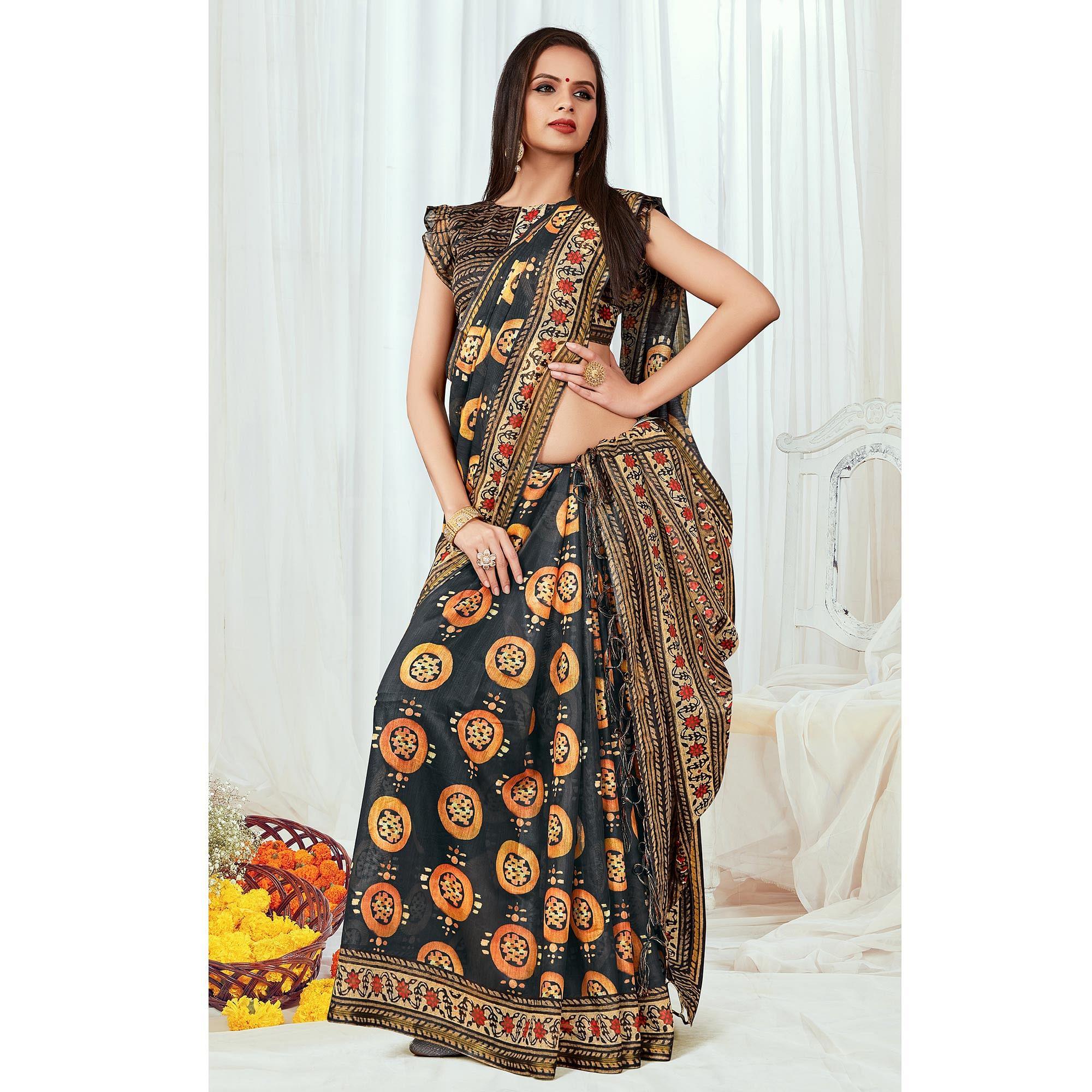 Black Casual Wear Printed Silk Saree - Peachmode