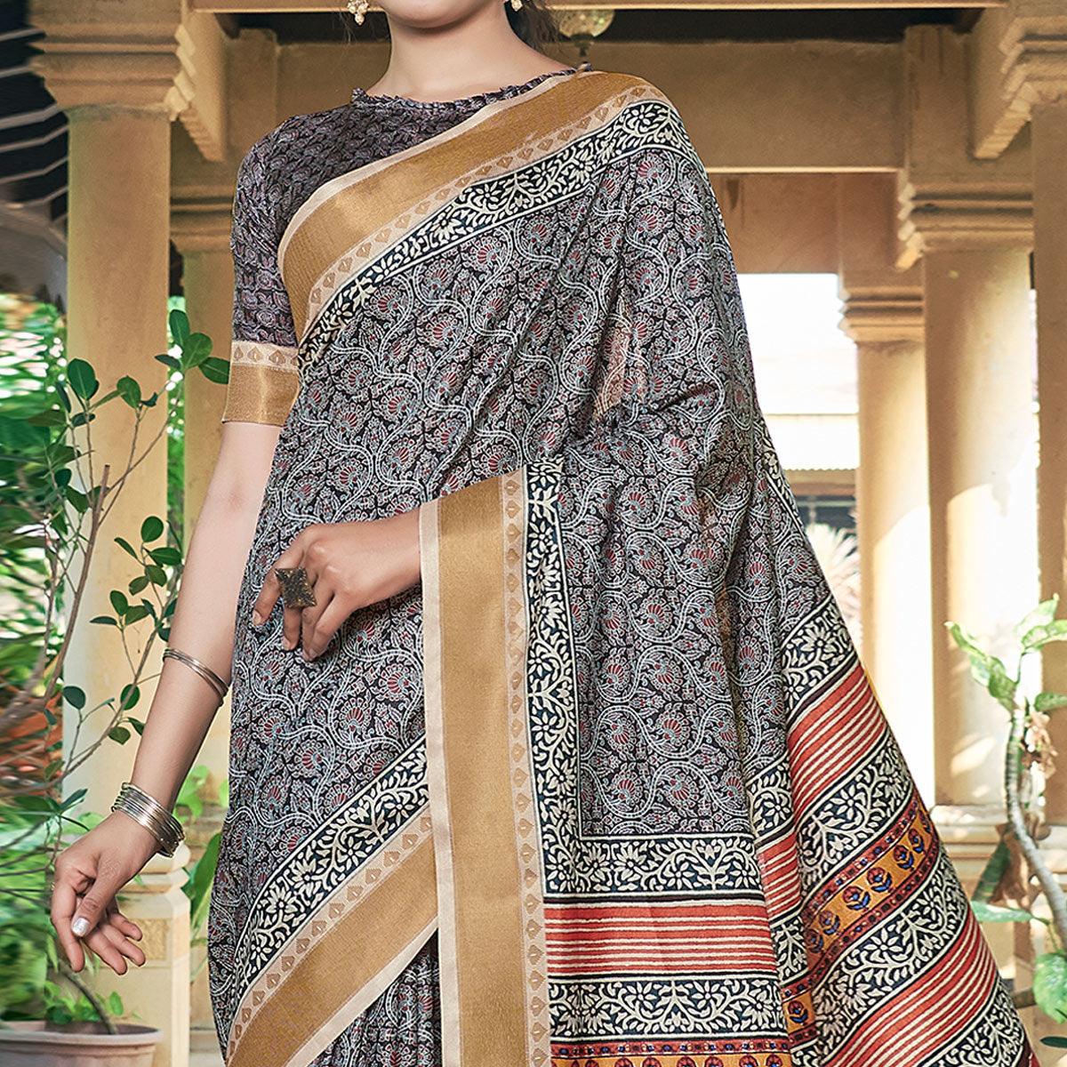 Black Casual Wear Printed Silk Saree - Peachmode