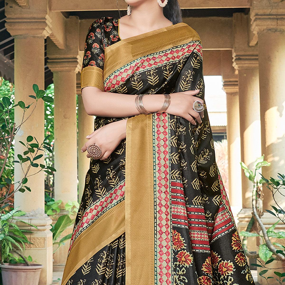 Black Casual Wear Printed Silk Saree - Peachmode