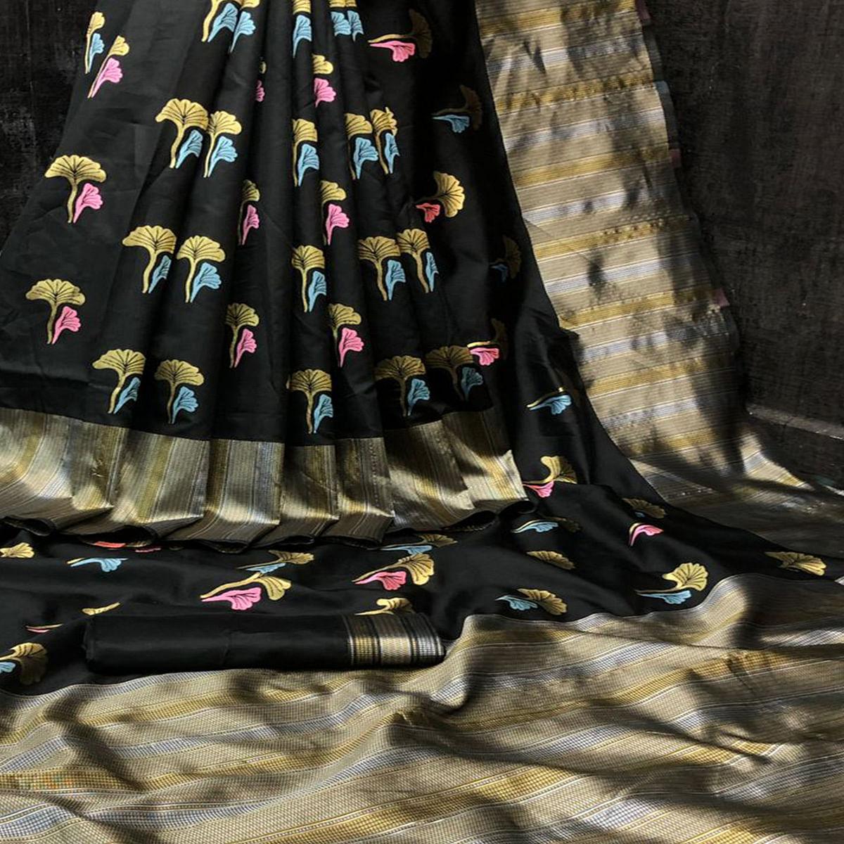 Black Casual Wear Printed Silk Saree - Peachmode