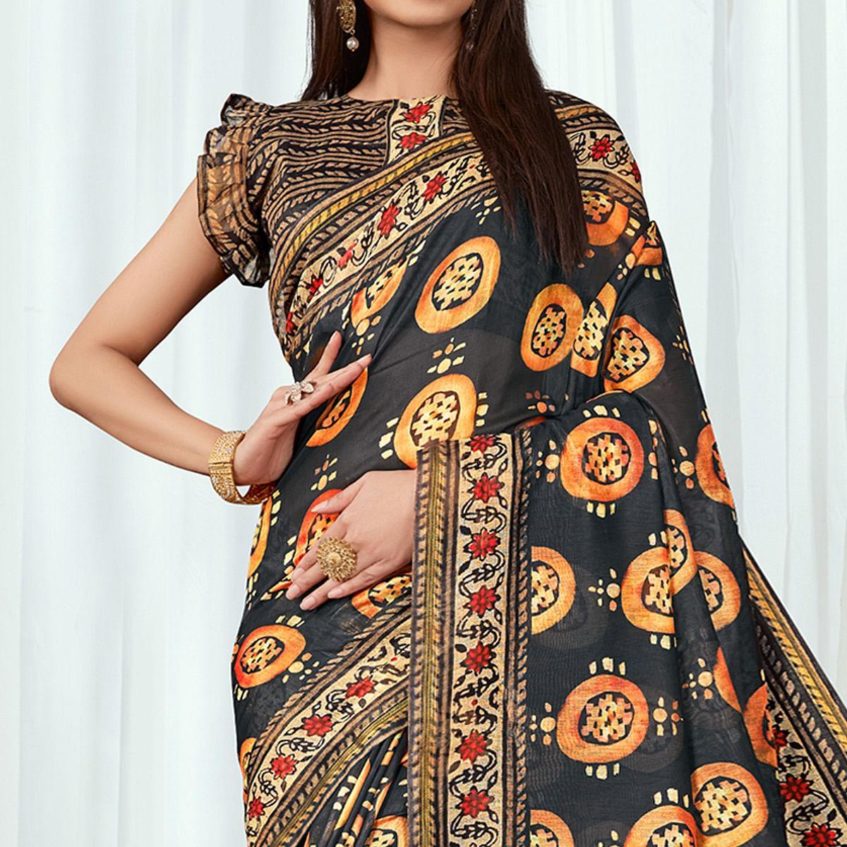 Black Casual Wear Printed Silk Saree - Peachmode