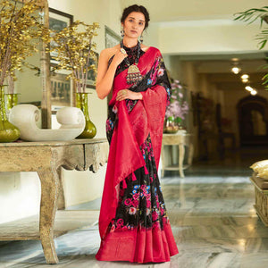 Black Casual Wear Printed Soft Cotton Saree - Peachmode