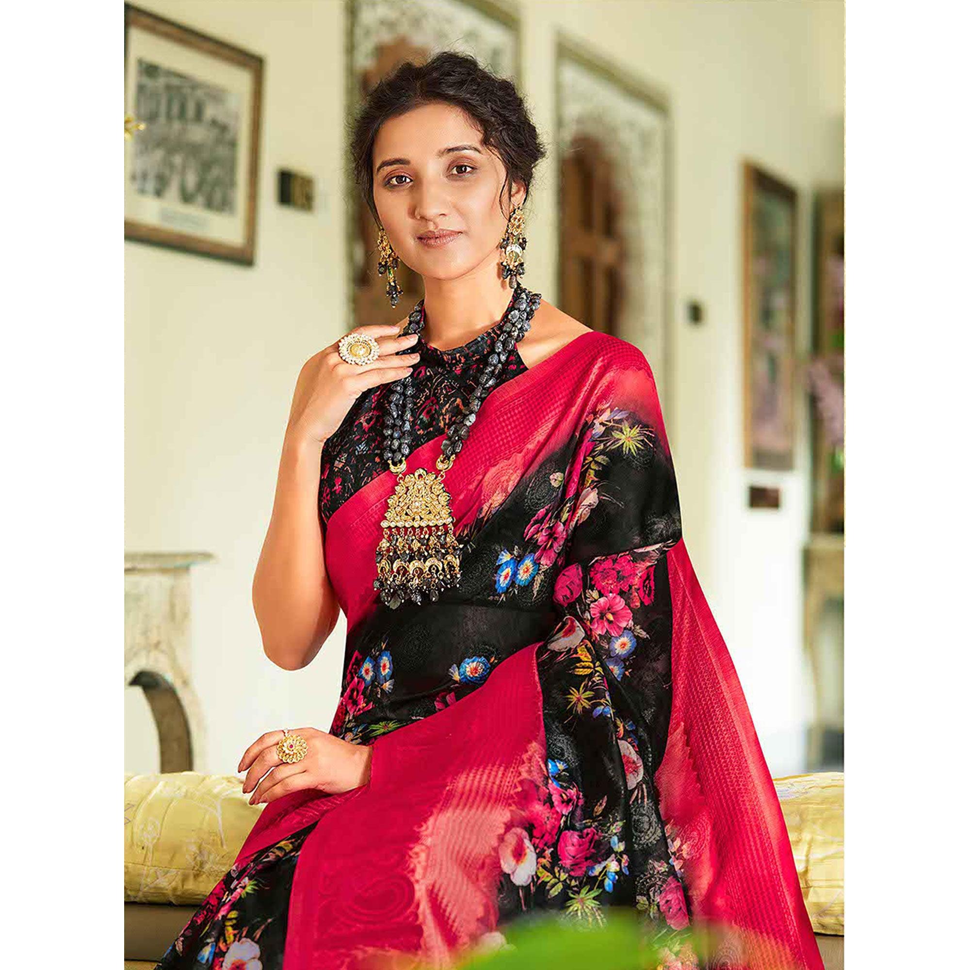 Black Casual Wear Printed Soft Cotton Saree - Peachmode