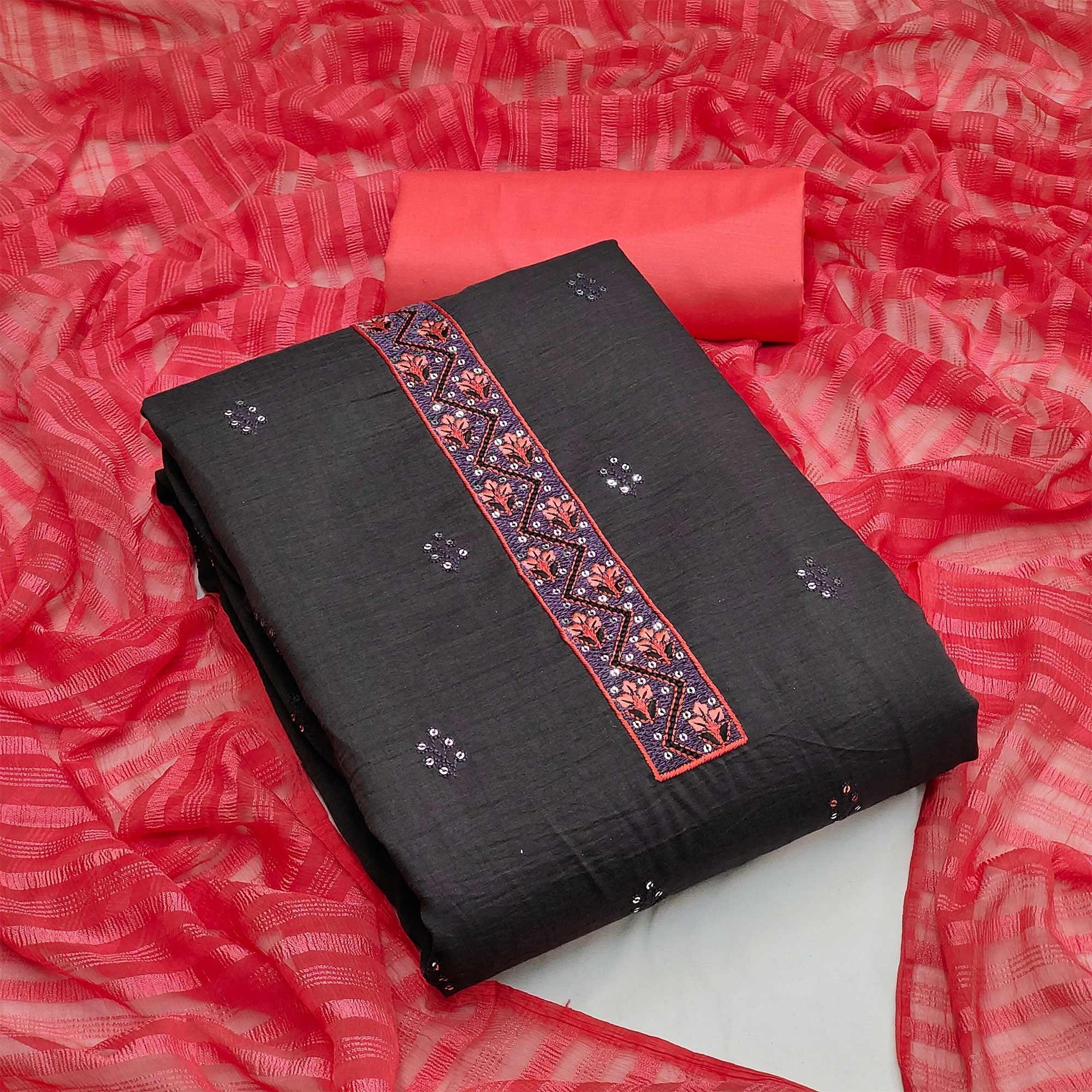 Black Casual Wear Sequence Embroidered Chinon Silk Dress Material - Peachmode