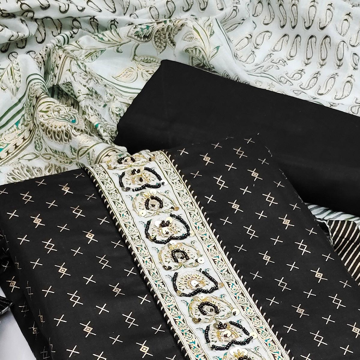 Black Casual Wear Sequence Embroidered Cotton Dress Material - Peachmode