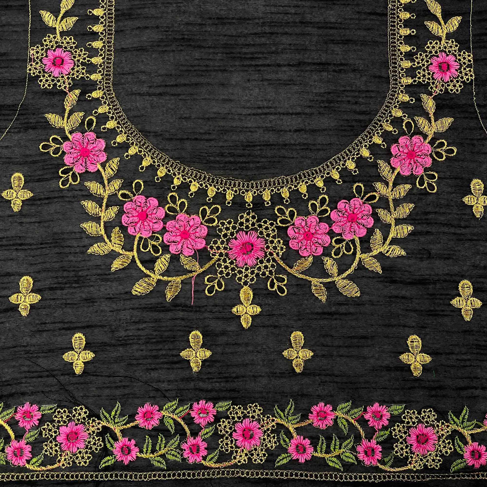 Black Casual Wear Solid With Lace Embroidery Georgette Saree - Peachmode