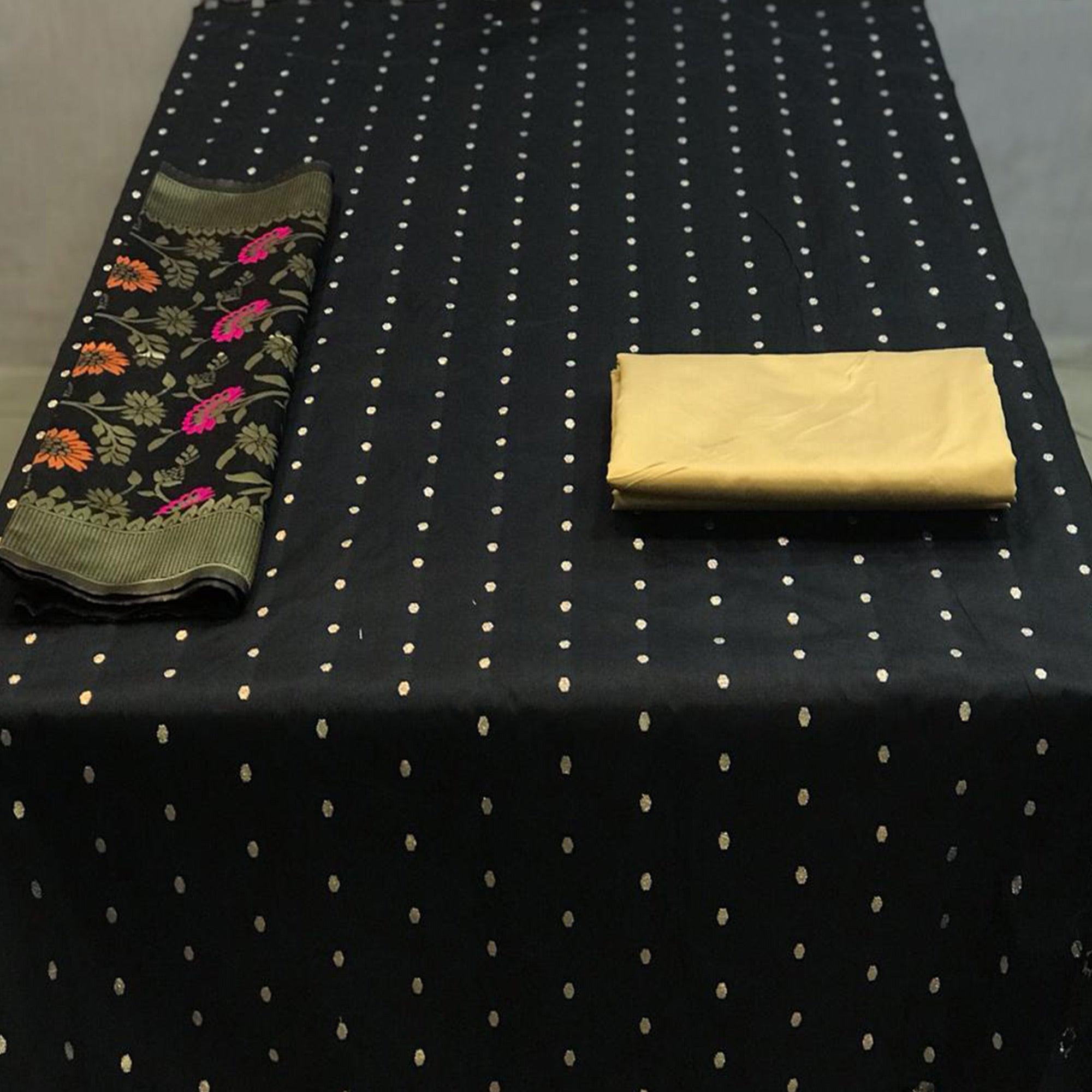 Black Casual Wear Woven Banarasi Silk Dress Material - Peachmode