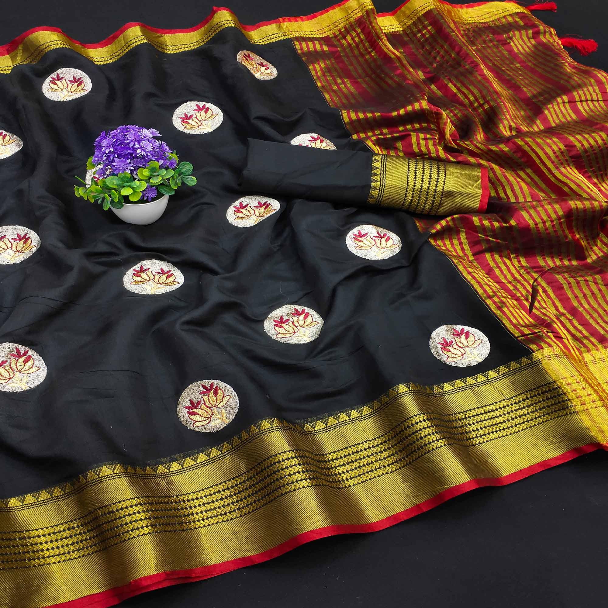 Black Casual Wear Woven Chanderi Silk Saree - Peachmode