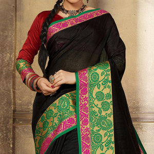 Black Casual Wear Woven Cotton Handloom Saree - Peachmode