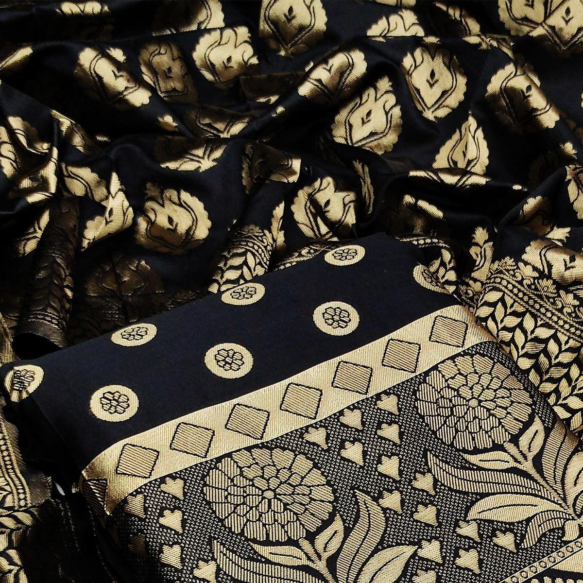 Black Casual Wear Woven Jacquard Banarasi Silk Dress Material - Peachmode