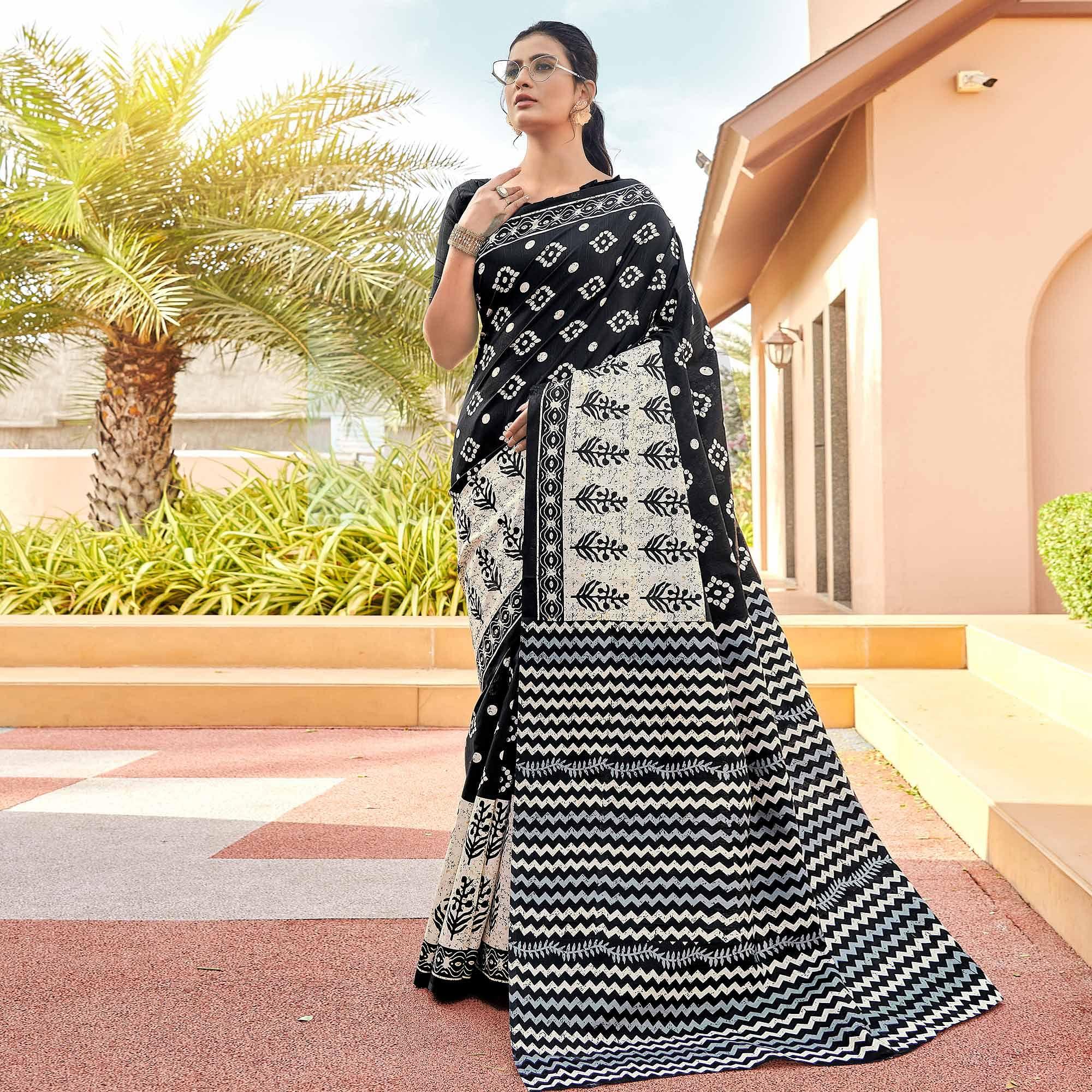 Black Casual Wear Zigzag Printed Bhagalpuri Silk Saree - Peachmode