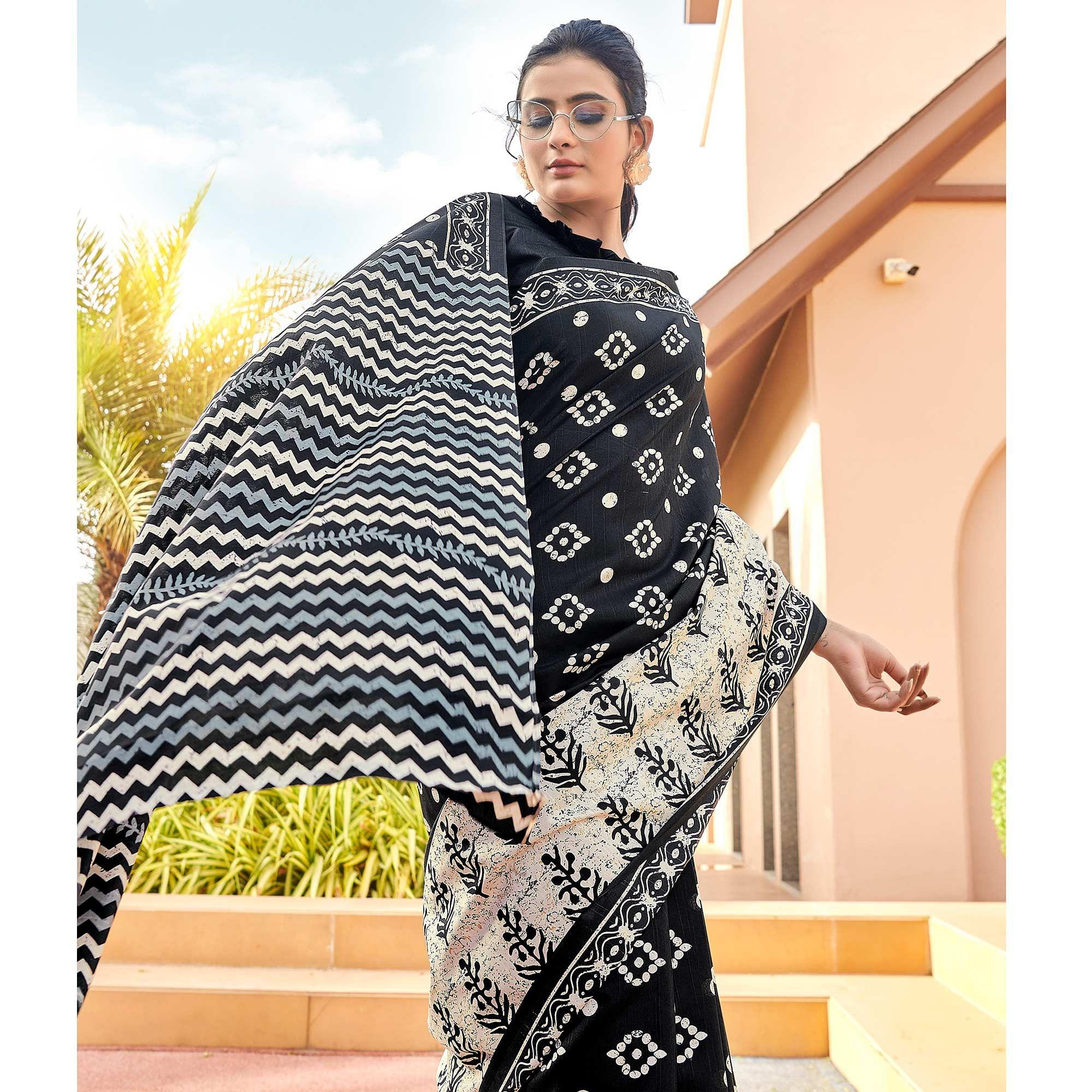 Black Casual Wear Zigzag Printed Bhagalpuri Silk Saree - Peachmode