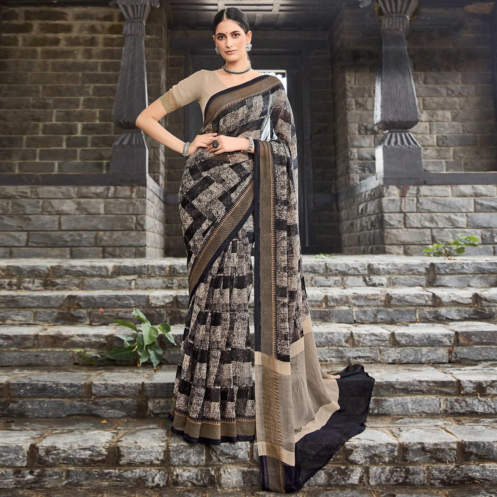 Black-Coffee Printed Geoergette Saree - Peachmode