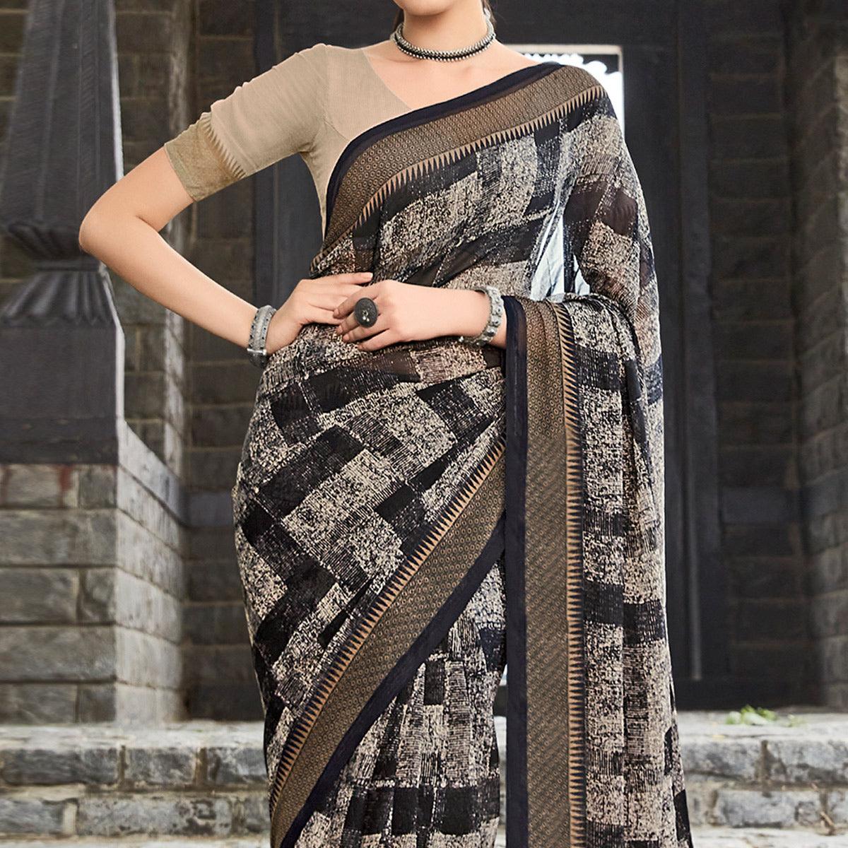 Black-Coffee Printed Geoergette Saree - Peachmode