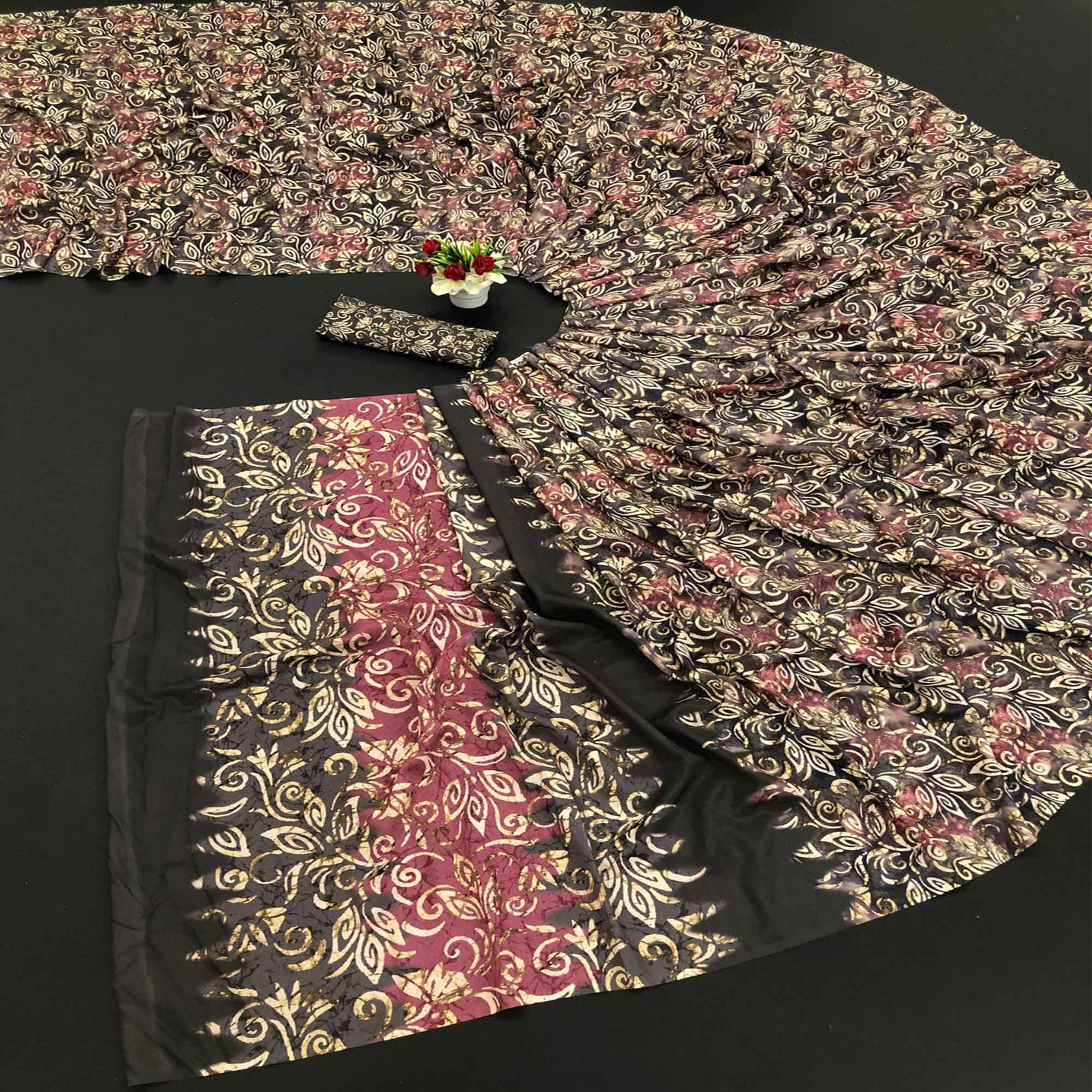 Black-Cream Digital Printed Vichitra Silk Saree - Peachmode