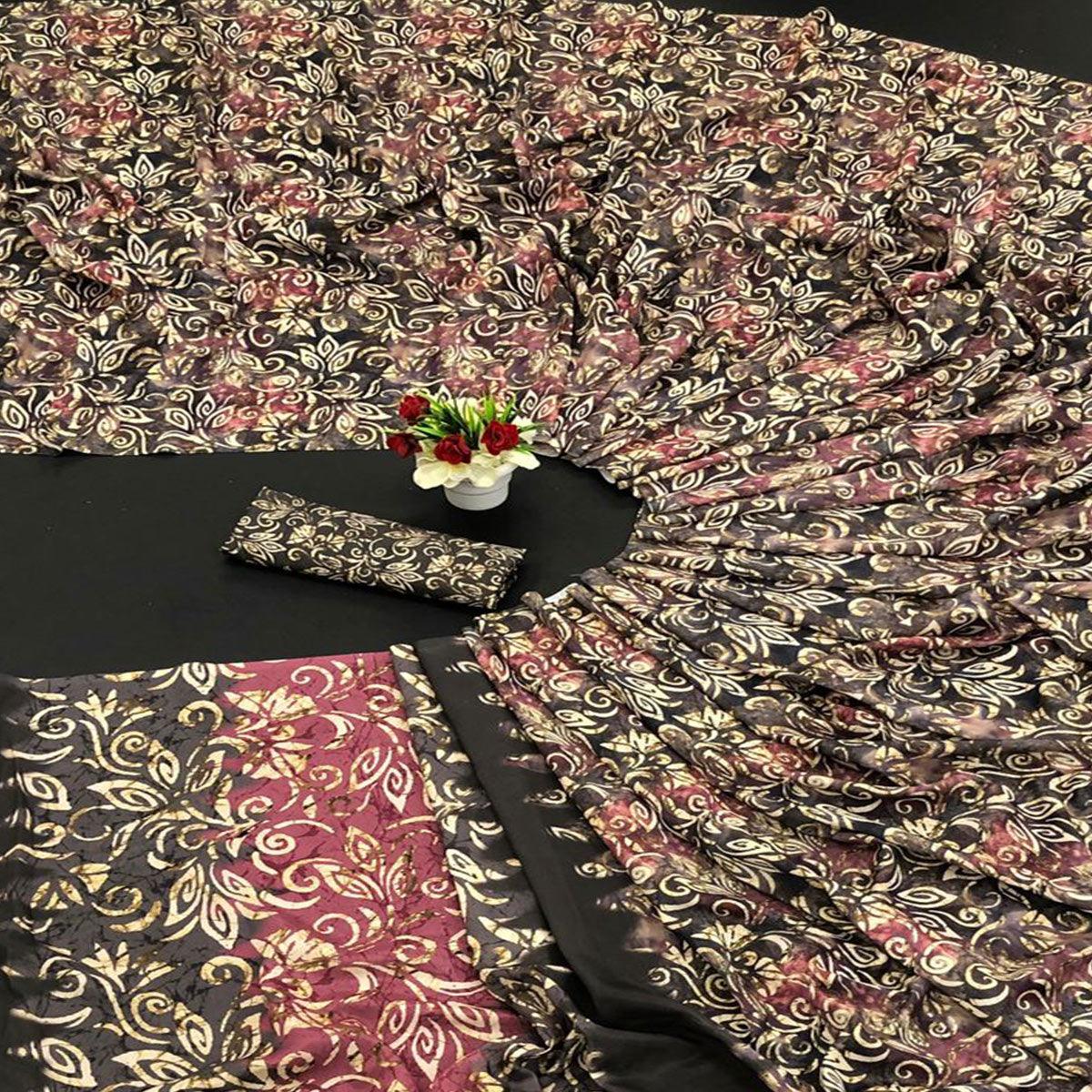 Black-Cream Digital Printed Vichitra Silk Saree - Peachmode