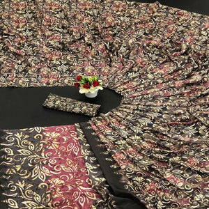 Black-Cream Digital Printed Vichitra Silk Saree - Peachmode