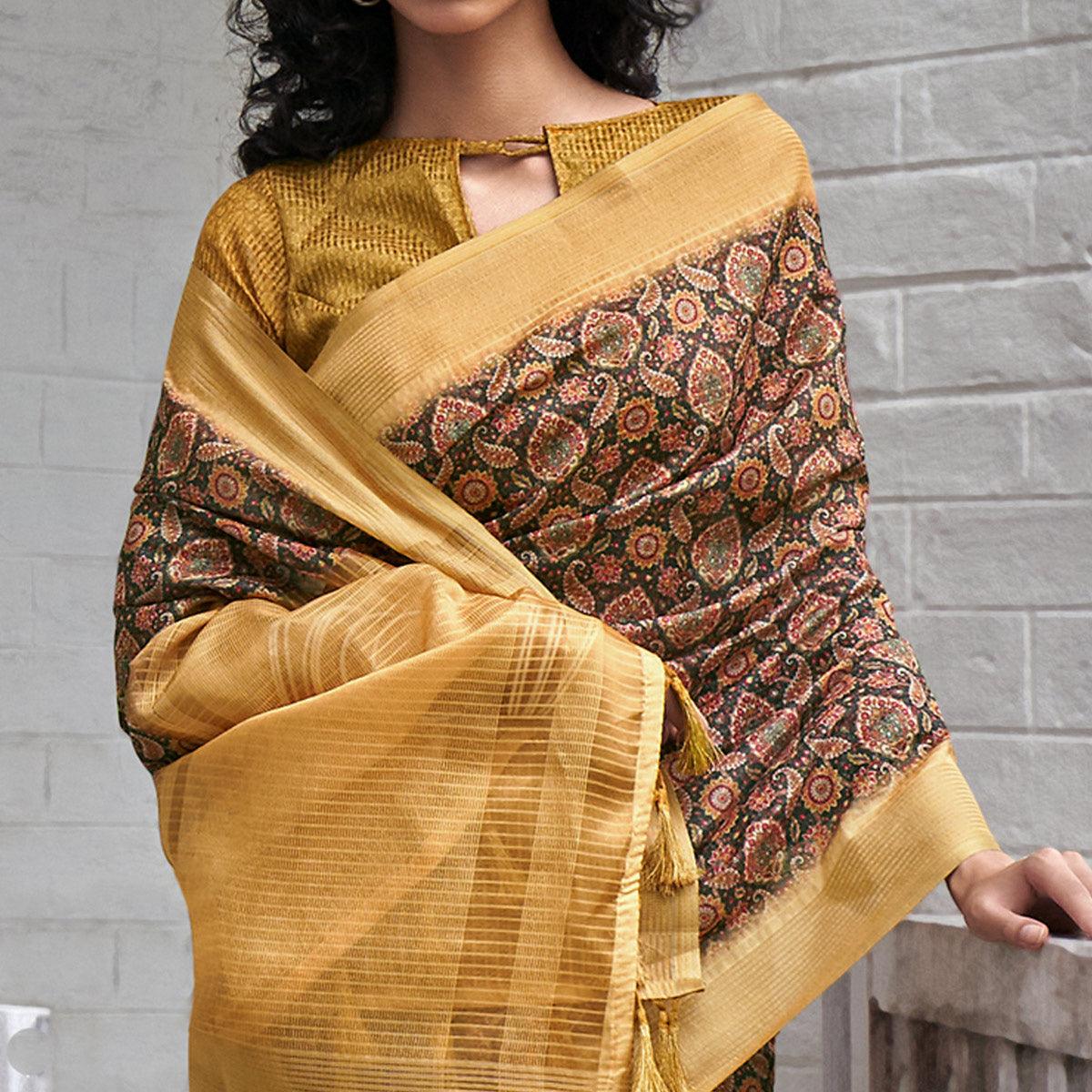 Black Digital Printed Art Silk Saree - Peachmode