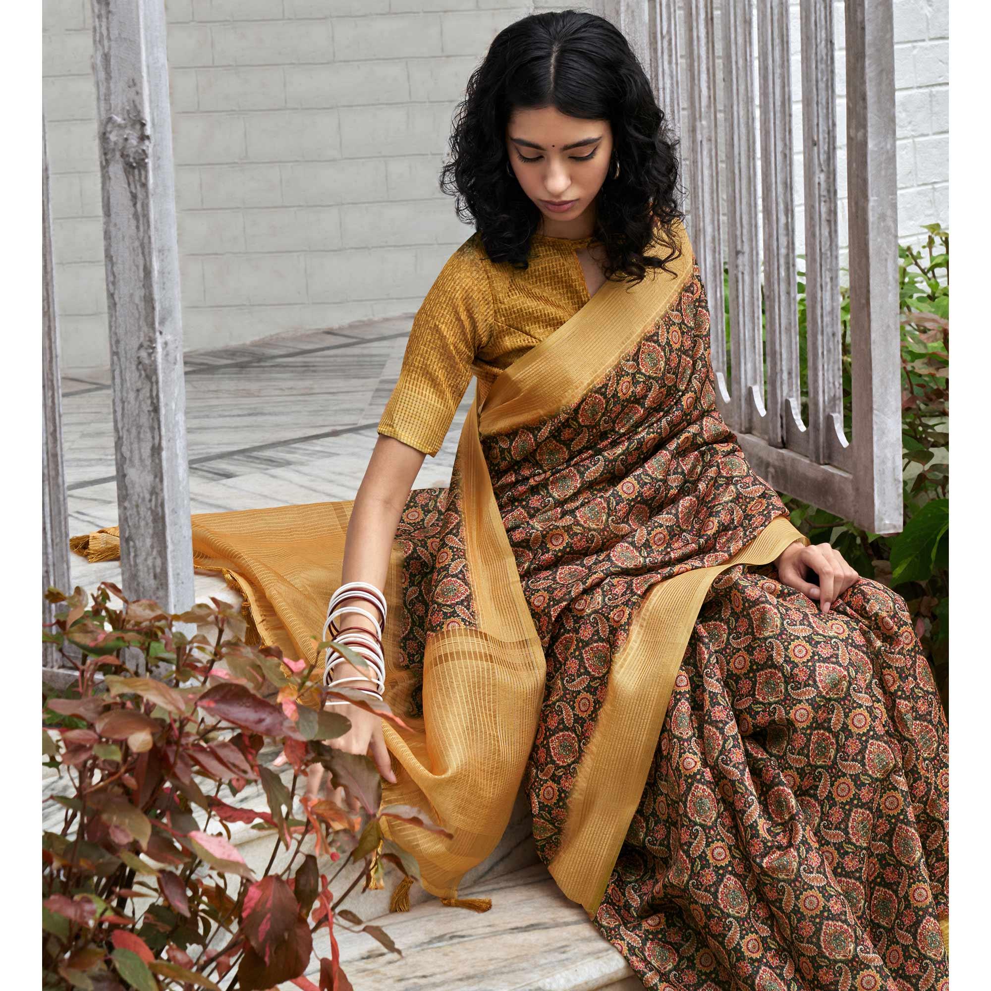 Black Digital Printed Art Silk Saree - Peachmode