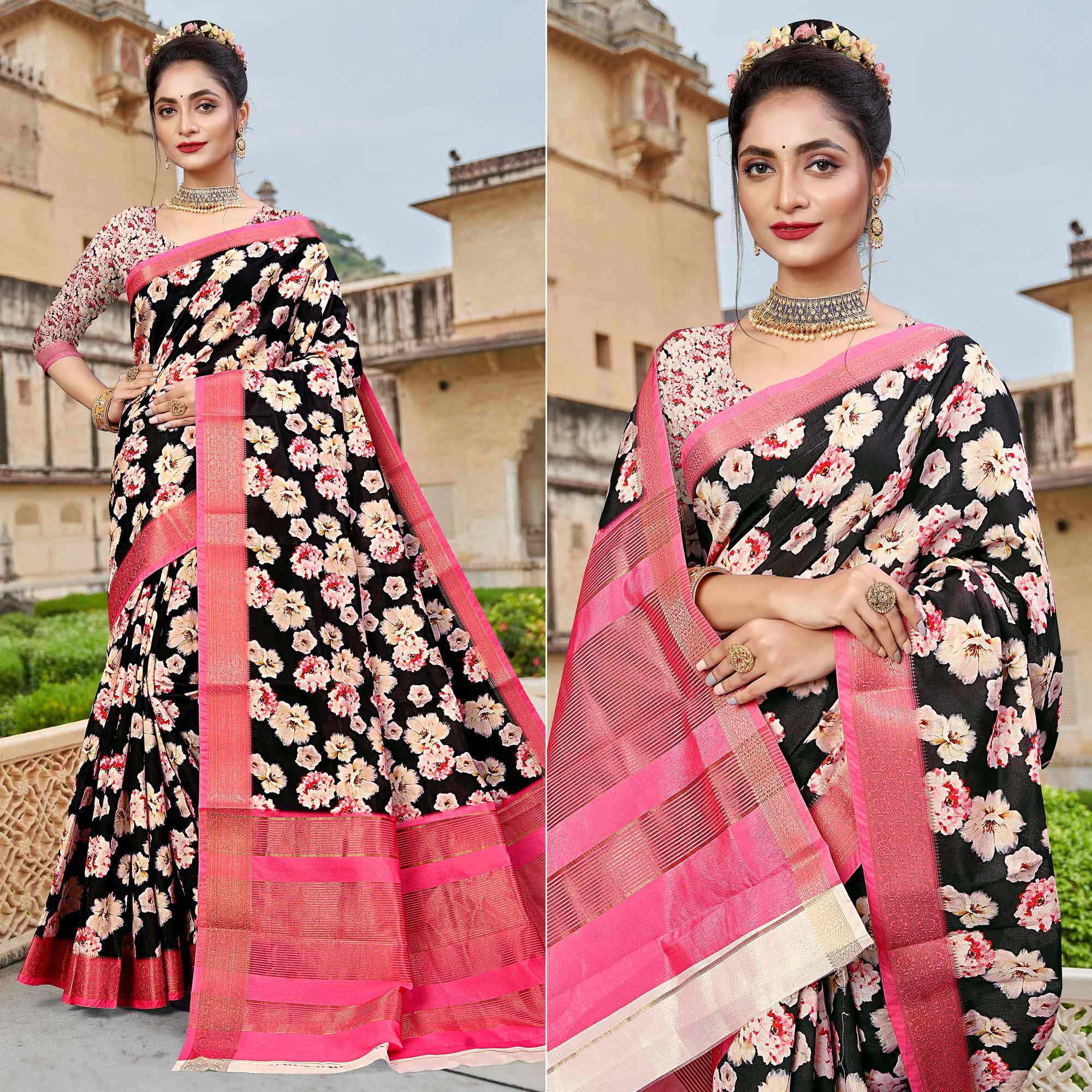 Black Digital Printed Dola Silk Saree - Peachmode