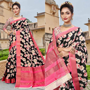 Black Digital Printed Dola Silk Saree - Peachmode
