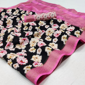 Black Digital Printed Dola Silk Saree - Peachmode