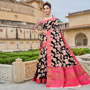 Black Digital Printed Dola Silk Saree - Peachmode