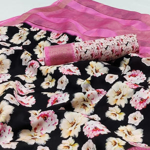 Black Digital Printed Dola Silk Saree - Peachmode