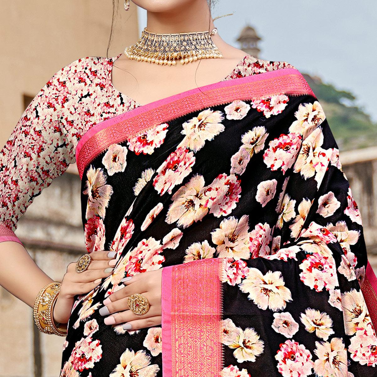 Black Digital Printed Dola Silk Saree - Peachmode