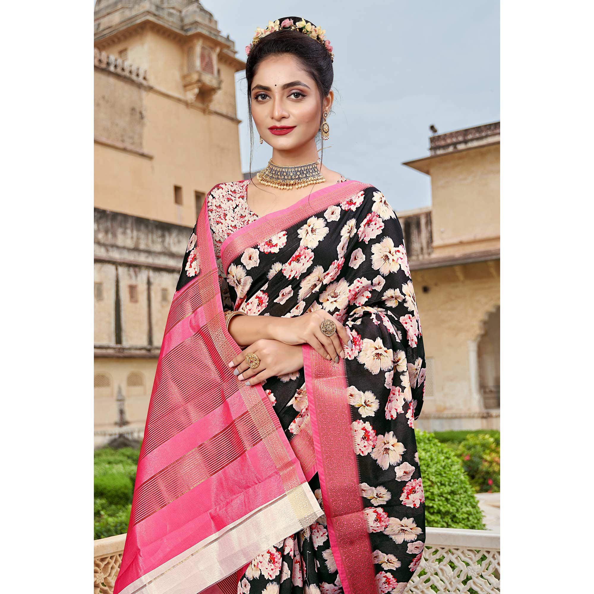 Black Digital Printed Dola Silk Saree - Peachmode